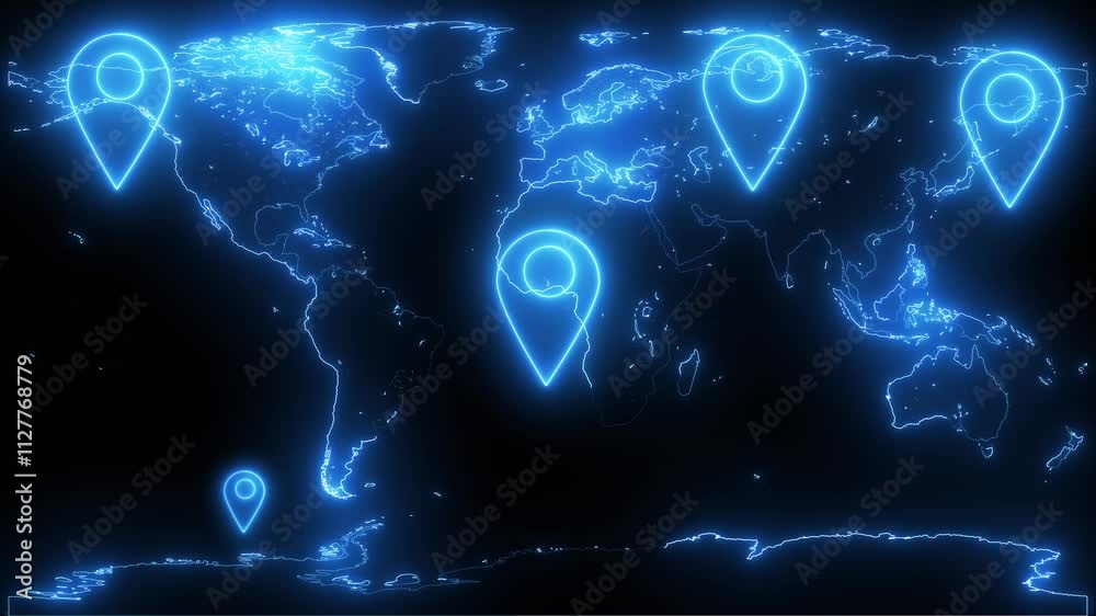 glowing map with location pins on blurry GPS and navigation concept neon line World map location tracking animation World map travel across continents animation Location On Stylish World Globe.