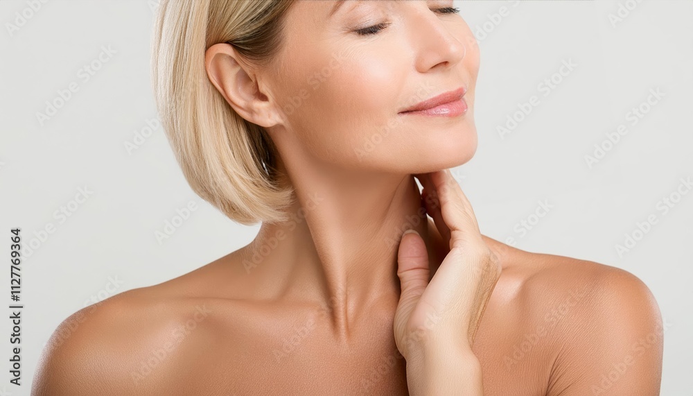 Elegant and Graceful Middle-Aged Woman Gently Touches Her Soft, Smooth Neck, Embracing Her Natural Beauty and Confidence in a Serene Moment of Self-Care and Reflection. Elegant and Graceful Middle-Aged Woman Gently Touches Her Soft, Smooth Neck, Embracing Her Natural Beauty and Confidence in a Serene Moment of Self-Care and Reflection.