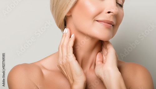 Beautiful Middle-Aged Woman Touches Her Soft Smooth Neck Skin, Embracing Elegance and Grace in a Captivating Portrait of Timeless Beauty and Confidence, Celebrating the Essence of Femininity