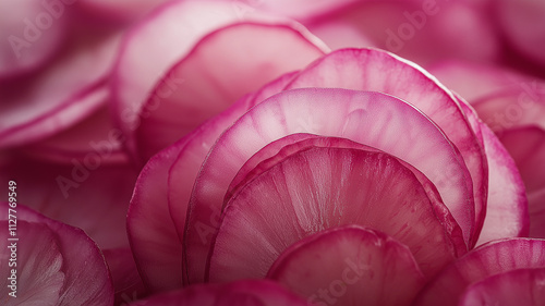 Close up of sliced radishes.  Food photography, culinary art, vibrant colors, healthy eating.