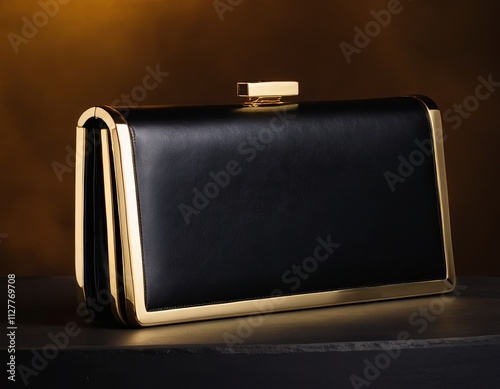 Elegant black leather clutch with gold accents against a warm, dark background. photo