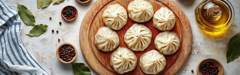 Uncooked dumplings arranged on a parchment-lined wooden board Uncooked dumplings arranged on a parchment-lined wooden board