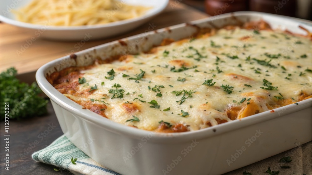 Captured in vivid detail the casserole showcases its luscious top where the plantbased cheese forms a sheen of molten goodness. Soft herbs lightly sprinkled on top contrast Captured in vivid detail the casserole showcases its luscious top where the plantbased cheese forms a sheen of molten goodness. Soft herbs lightly sprinkled on top contrast
