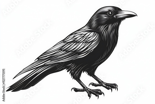 Majestic Raven Illustration: A Striking Black and White Engraving of a Raven photo