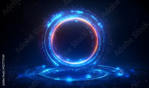  Abstract glowing circle lines on dark blue background. Geometric stripe line art design. Modern shiny blue lines. Futuristic technology concept. Suit for poster, cover, banner, brochure and website 