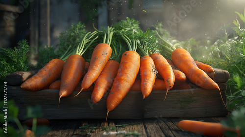 Fresh carrots in a wooden crate. Concept of healthy eating, organic produce, and harvest.