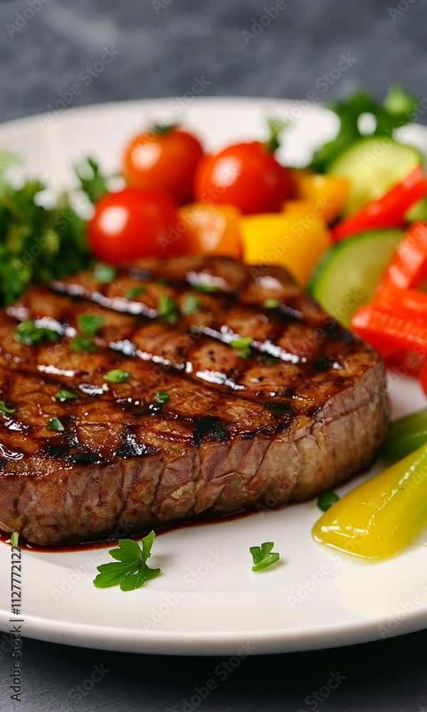 A delicious grilled steak served with colorful vegetables and garnished with herbs. A delicious grilled steak served with colorful vegetables and garnished with herbs.