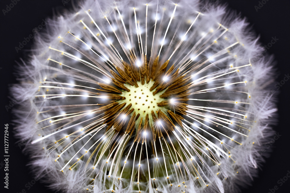 Obraz premium Close up of dandelions with seeds. Dandelion with white background and black dandelion. Close up of dandelion with a flower on a black background. Close up of a dandelion with white and lifestyle.