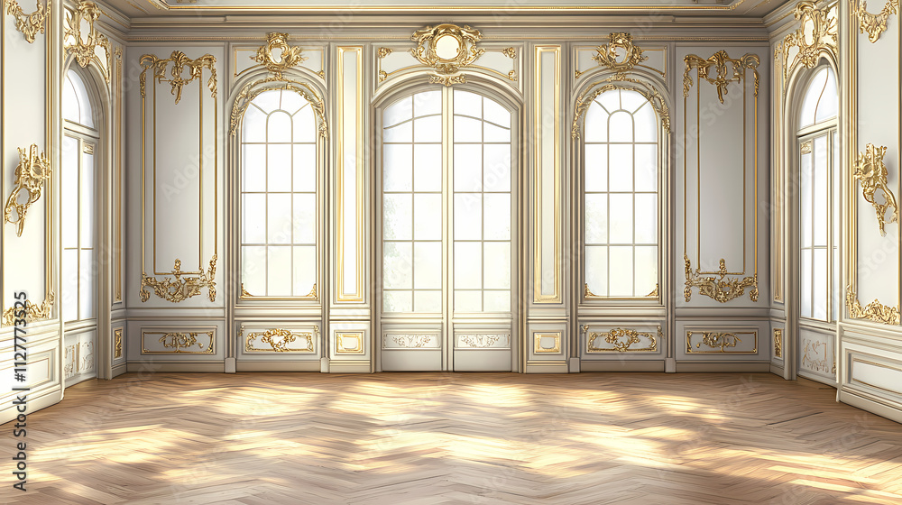 Fototapeta premium An century french rococo style salon with ornate white and gold paneling and parquet floors. Rococo. Illustration