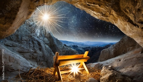Birth of Jesus: A Serene Scene Depicting the Wooden Manger and Star of Bethlehem Illuminating the Cave Where the Savior Was Born, Symbolizing Hope and New Beginnings