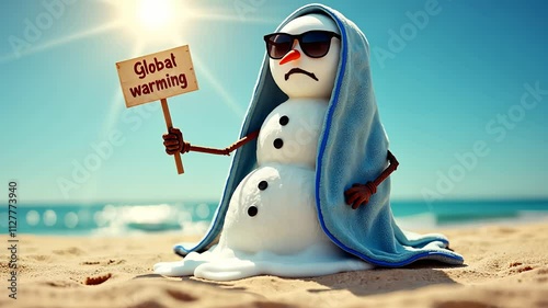 Melting snowman protests global warming on sunny beach