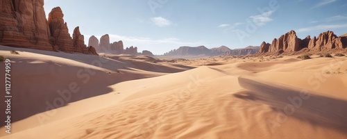 Desert landscape with eroded rock formations and sandy dunes, barren, vast, dunes