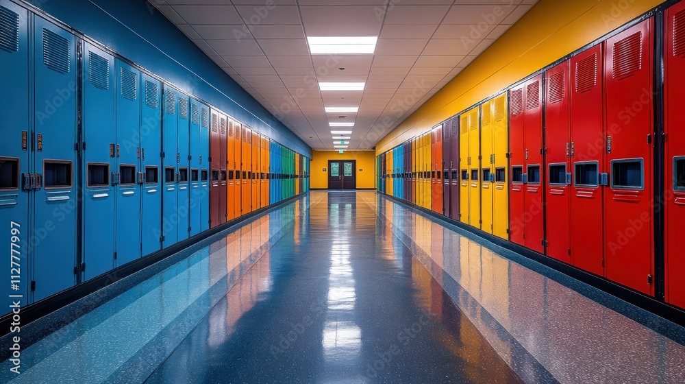 Fototapeta premium Colorful School Hallway with Lockers