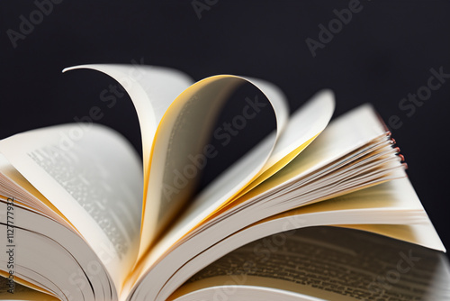 An open book with white pages on a black background. A sheet book with a black background. White sheet of paper with black background. White sheet of black paper with lifestyle a book. photo