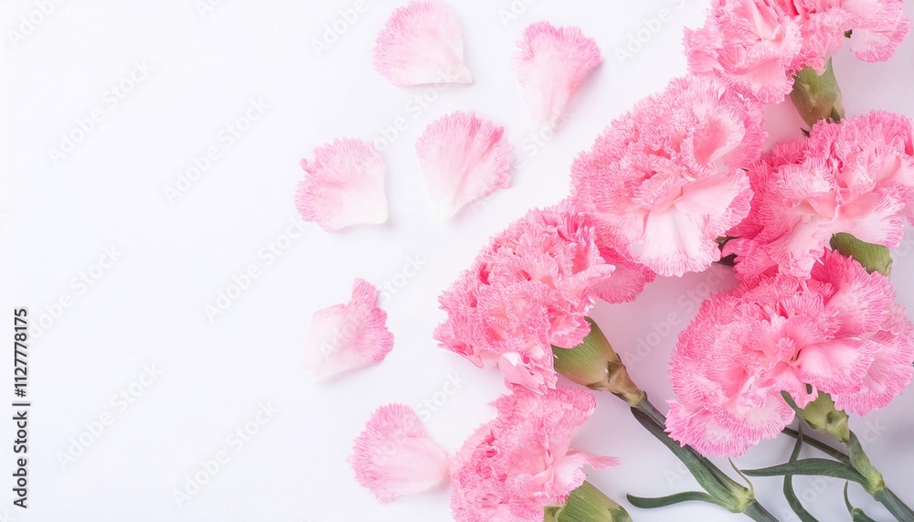 Closeup of Blooming Carnation Flowers and Petals Isolated on White Background. Top View of Flower with Empty Space. Closeup of Blooming Carnation Flowers and Petals Isolated on White Background. Top View of Flower with Empty Space.