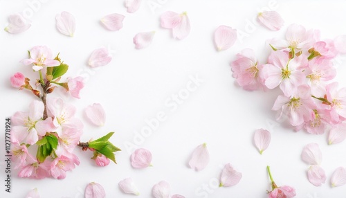 Closeup of Blooming Cherry Blossom Flowers and Petals Isolated on White Background. Top View of Flower with Empty Space.
