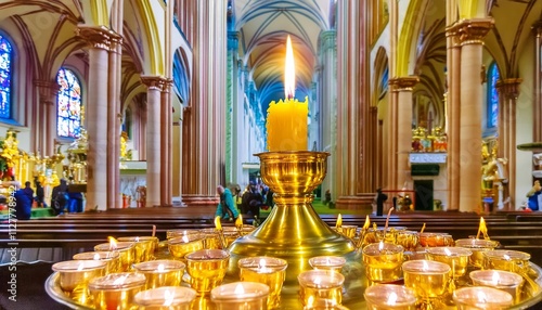 This evocative image captures a candle softly burning in a majestic cathedral on All Saints Day, a significant religious holiday dedicated to honoring saints and remembering loved ones who have