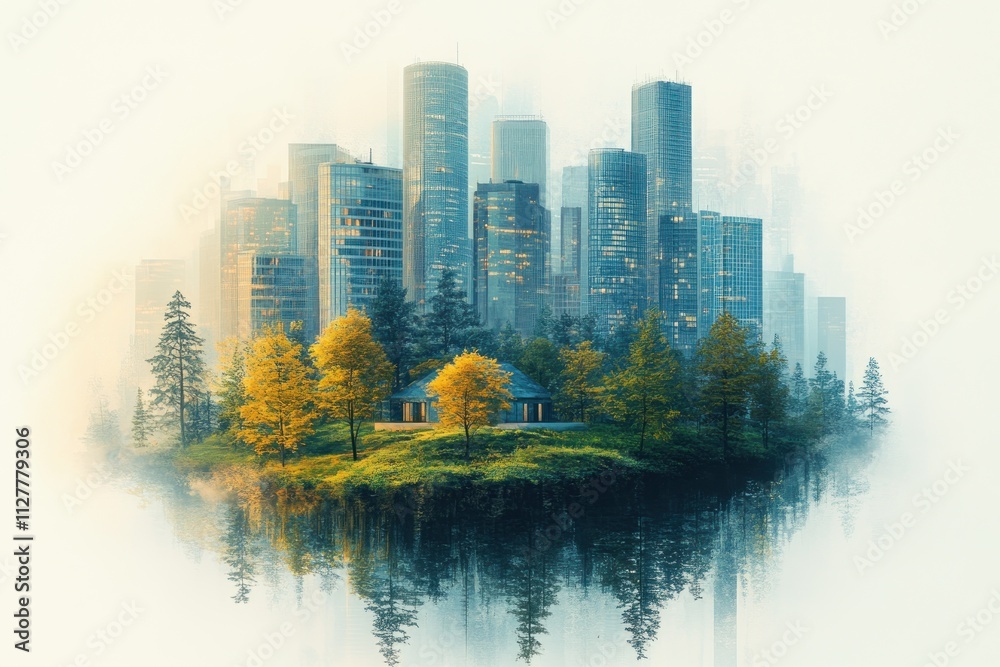 Obraz premium Cityscape Reflection on a Foggy Lake