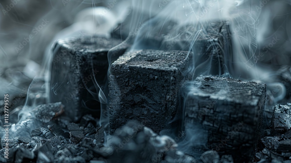 Smoldering Charcoal Cubes Emitting Smoke, Close-Up View Smoldering Charcoal Cubes Emitting Smoke, Close-Up View