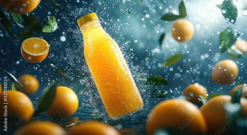 Orange Juice Bottle Splashing with Fresh Oranges Orange Juice Bottle Splashing with Fresh Oranges