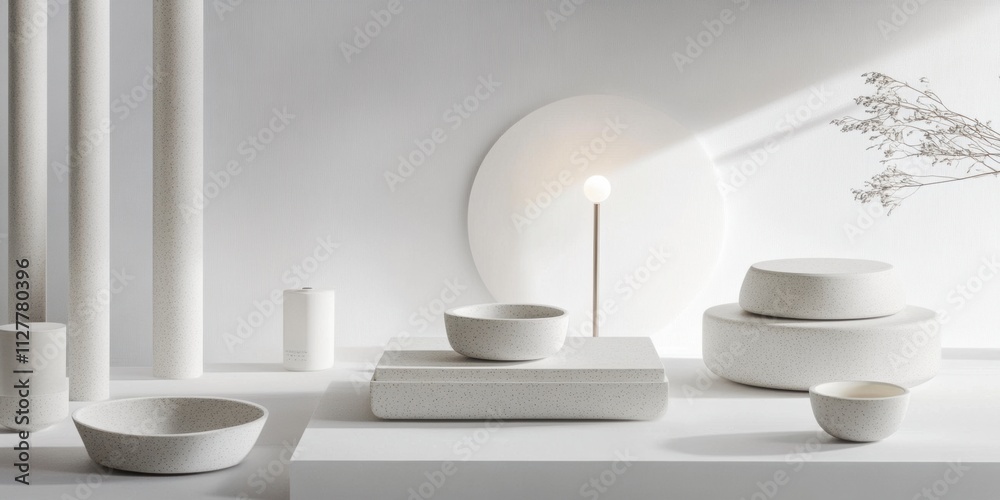 Elegant minimalist display with soft directional lighting in a clean white setup still life Elegant minimalist display with soft directional lighting in a clean white setup still life