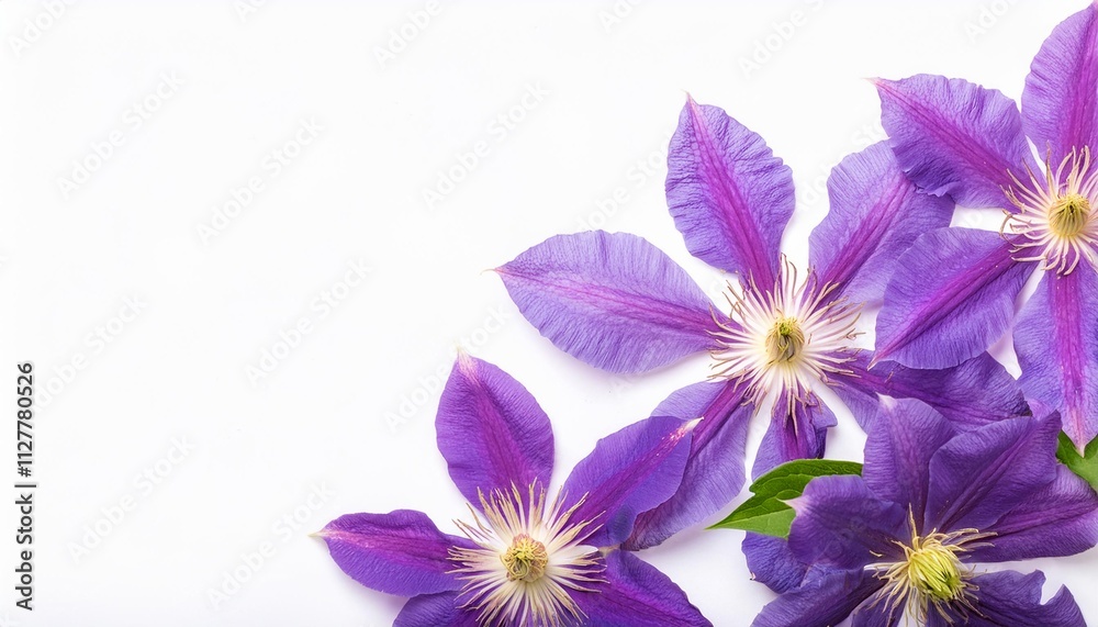 Obraz premium Closeup of Blooming Clematis Flowers and Petals Isolated on White Background. Top View of Flower with Empty Space.