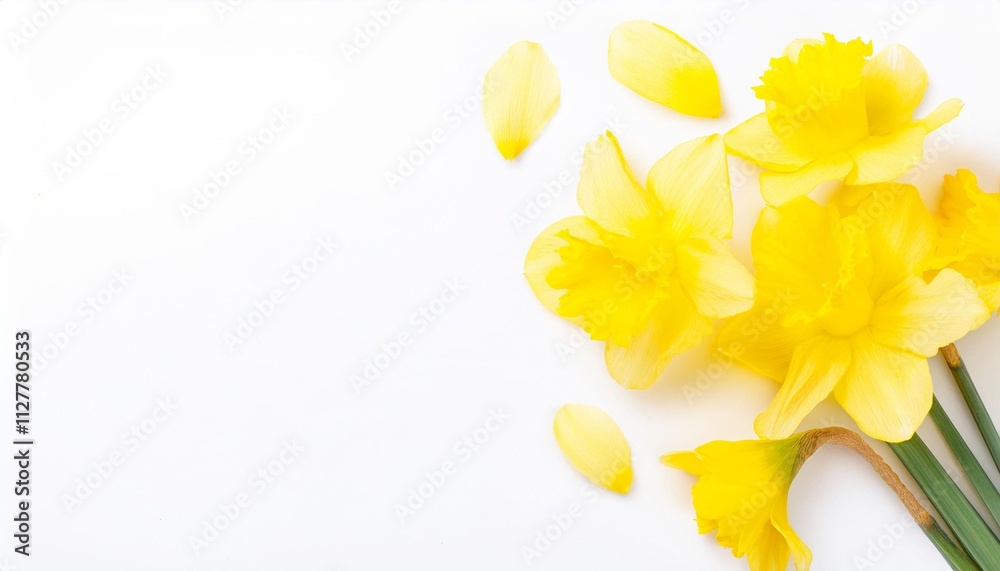 Fototapeta premium Closeup of Blooming Daffodil Flowers and Petals Isolated on White Background. Top View of Flower with Empty Space.