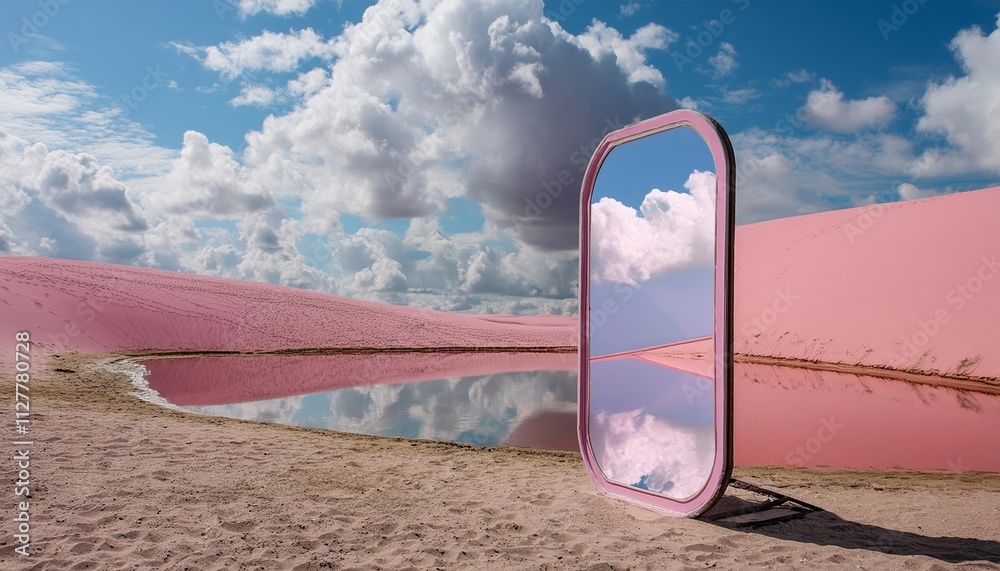 This stunning render presents an abstract fantastic background showcasing a surreal fantasy landscape. The pink desert, accented by a serene lake, invites viewers to explore a dreamlike realm This stunning render presents an abstract fantastic background showcasing a surreal fantasy landscape. The pink desert, accented by a serene lake, invites viewers to explore a dreamlike realm