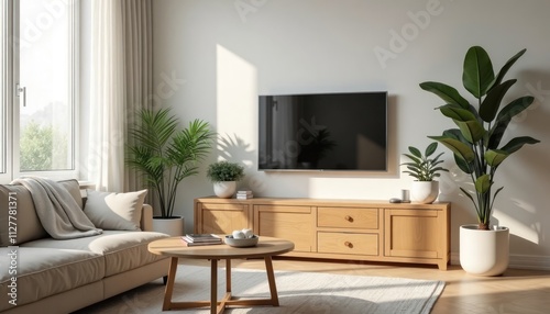 Modern Scandinavian living room design features light beige sofa, wooden TV cabinet, white walls, potted plants. Peaceful, serene atmosphere. Sunlight streams into room. Clean, minimalist style.