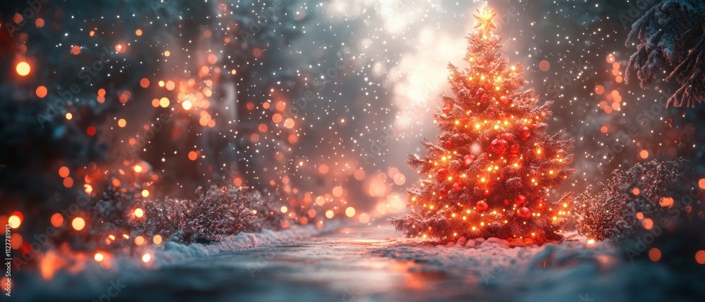 Christmas Tree and Fairy Lights in a Cozy Holiday Scene with Snowfall Christmas Tree and Fairy Lights in a Cozy Holiday Scene with Snowfall