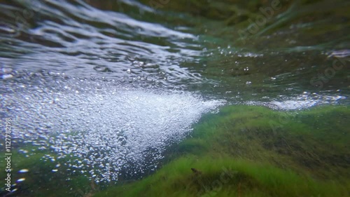 4k real time footage of camera going under water of the stream in the mountains. Camera goes under the water of the mountain stream. Natural background. Bubbles under water made by waterfall on rocks.