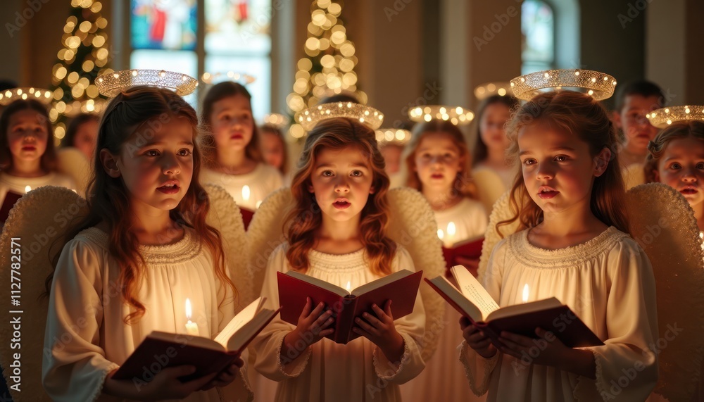 Fototapeta premium Children dressed as angels sing Christmas carols in church. Holiday service. Group of kids with angel costumes, crowns. Hold hymnals, light candles. Peaceful, joyful atmosphere in church. Christmas
