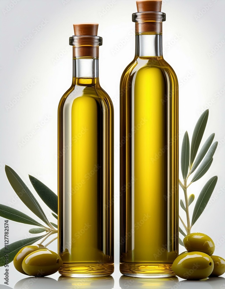 Golden olive oil in glass bottles, with fresh olives and leaves. Golden olive oil in glass bottles, with fresh olives and leaves.