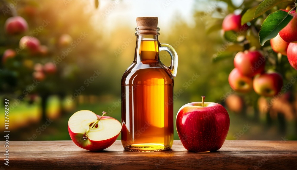 Bottle of apple cider vinegar with fresh apples. Bottle of apple cider vinegar with fresh apples.