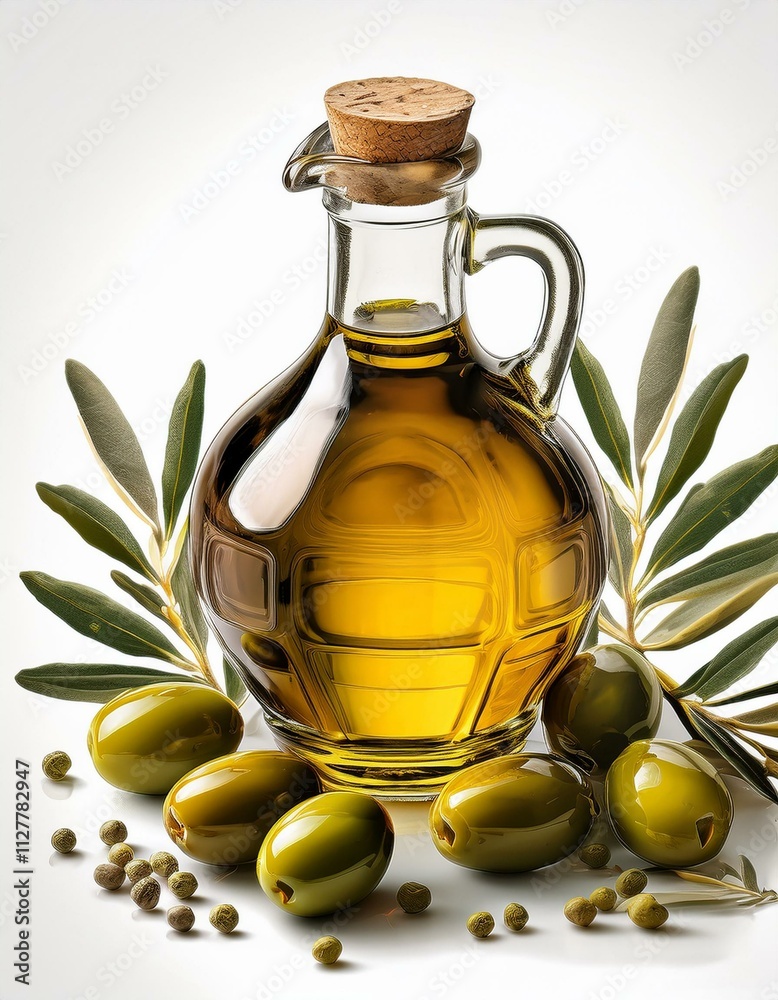 Golden olive oil in a glass decanter with fresh olives and leaves. Golden olive oil in a glass decanter with fresh olives and leaves.