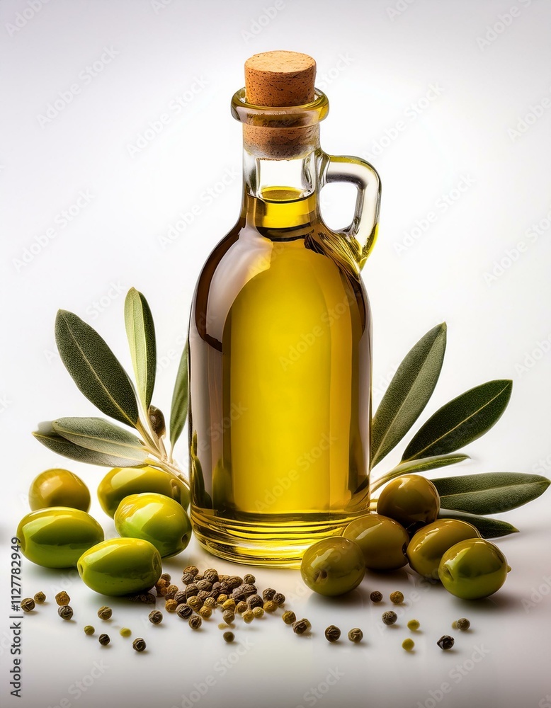 Golden olive oil in a glass bottle, surrounded by fresh olives and peppercorns. Golden olive oil in a glass bottle, surrounded by fresh olives and peppercorns.