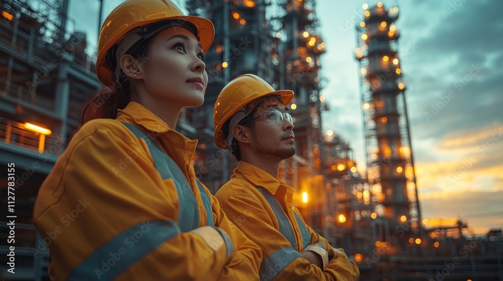 Industrial Workers Looking Up at a Refinery at Dusk Industrial Workers Looking Up at a Refinery at Dusk