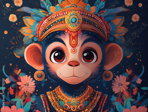 Adorned Hanuman: A Vibrant Digital Portrait of the Hindu Monkey God photo