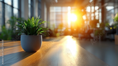 Plant on a Wooden Table in a Modern Office with Sunlight