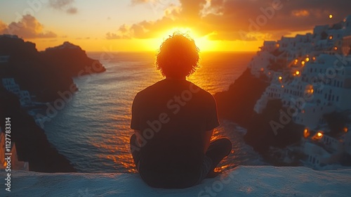 Silhouette of a Man Watching Sunset Over Aegean Sea