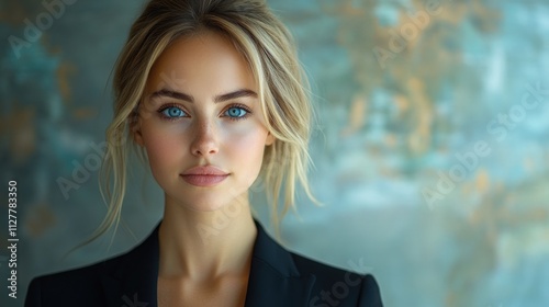 Portrait of a Beautiful Woman with Blonde Hair and Blue Eyes