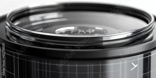 Close-up of a camera lens, showing intricate details and metallic finish