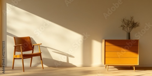 Modern interior design with a chair and chest of drawers.