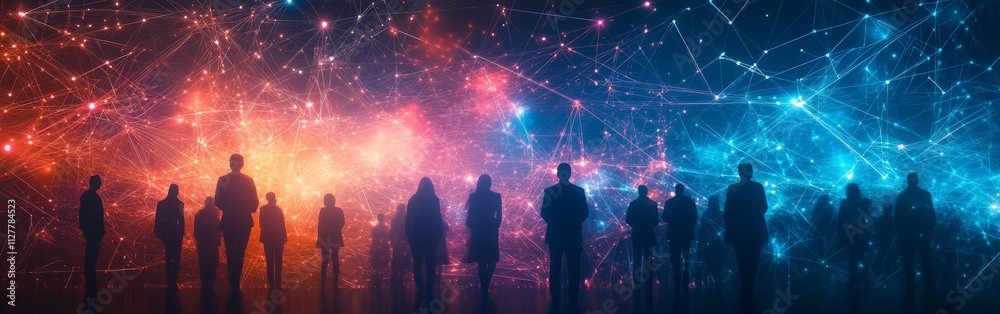 A digital illustration representing employee engagement with connected glowing figures A digital illustration representing employee engagement with connected glowing figures