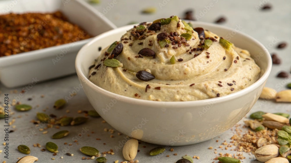 A closeup of a creamy beige paste swirled with flecks of dark brown and vibrant green showcasing its rich texture and earthy aroma. Beneath it lies a bed of crushed seeds and A closeup of a creamy beige paste swirled with flecks of dark brown and vibrant green showcasing its rich texture and earthy aroma. Beneath it lies a bed of crushed seeds and