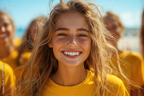 Joyful Friends in Yellow Shirts Laughing Under Bright Blue Sky Outdoor Fun Community Support