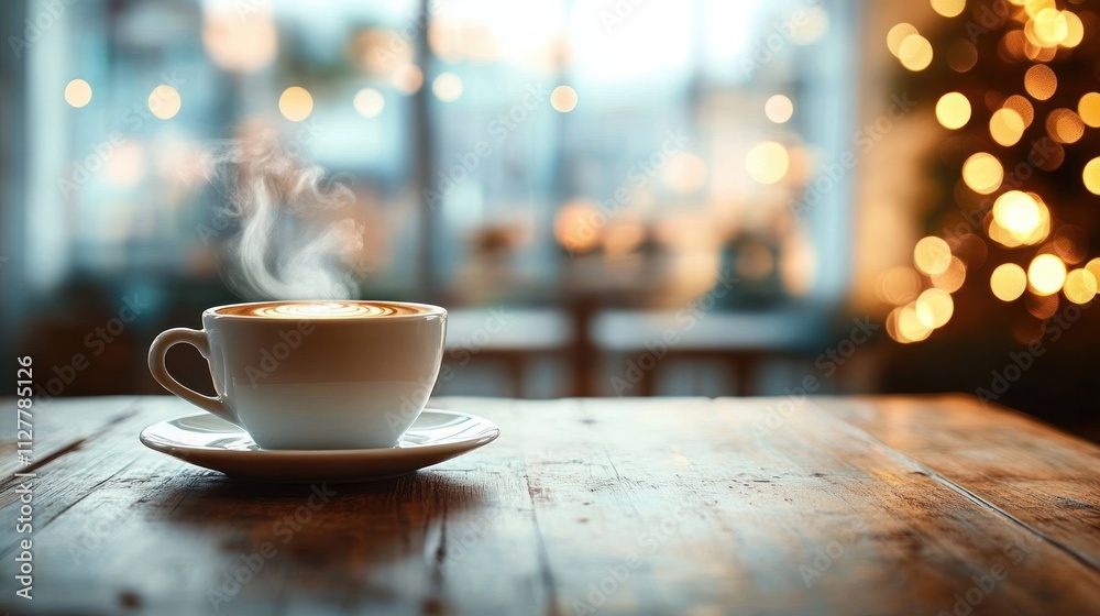 Coffee cup on rustic table with festive Christmas lights in cozy winter scene for holiday spirit and home decor Coffee cup on rustic table with festive Christmas lights in cozy winter scene for holiday spirit and home decor