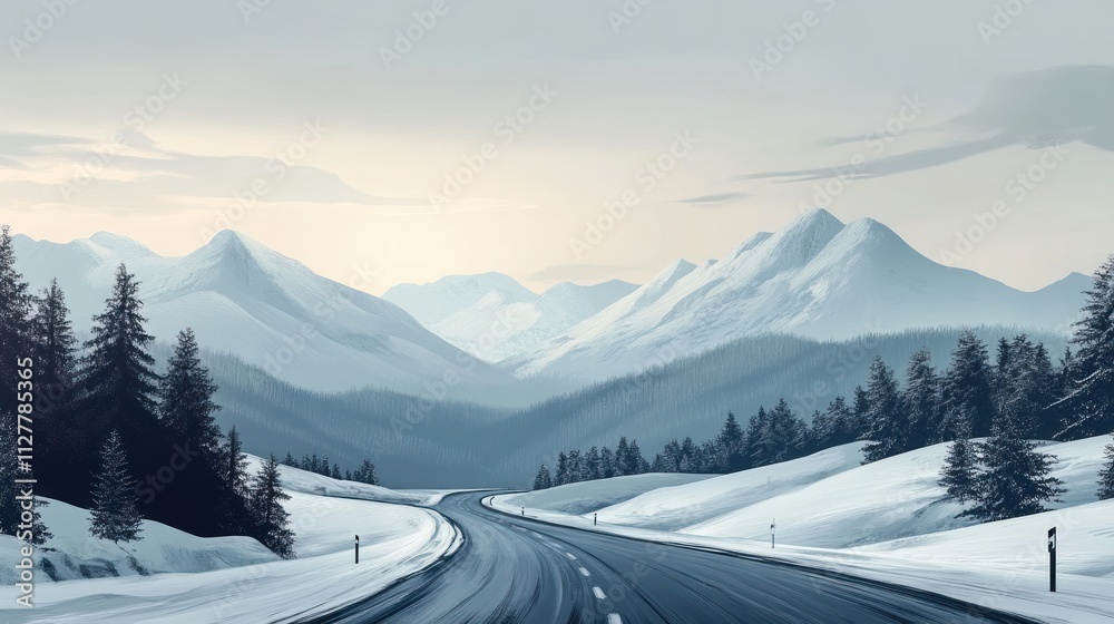 Winter highway winding through snow-capped mountains, overcast sky with a hint of sun, Winter highway winding through snow-capped mountains, overcast sky with a hint of sun,