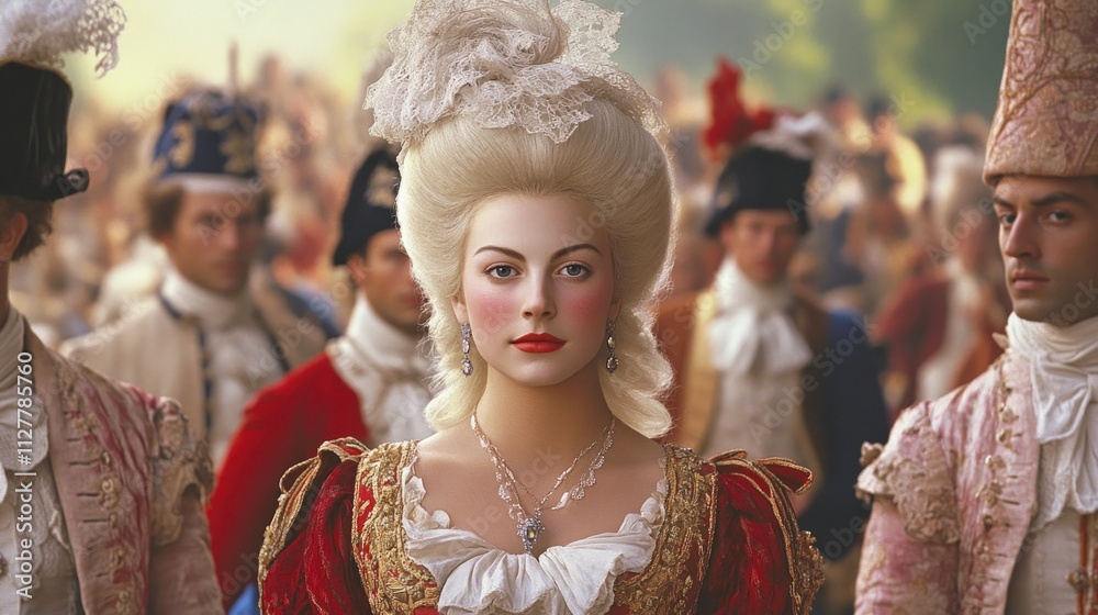 Woman in ornate 18th-century gown, poised amidst crowd. Woman in ornate 18th-century gown, poised amidst crowd.