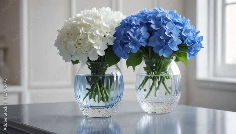 Elegant white crystal vase with blue hydrangeas on a mirrored table, flowers, crystal, luxurious, still life, mirrored table Elegant white crystal vase with blue hydrangeas on a mirrored table, flowers, crystal, luxurious, still life, mirrored table
